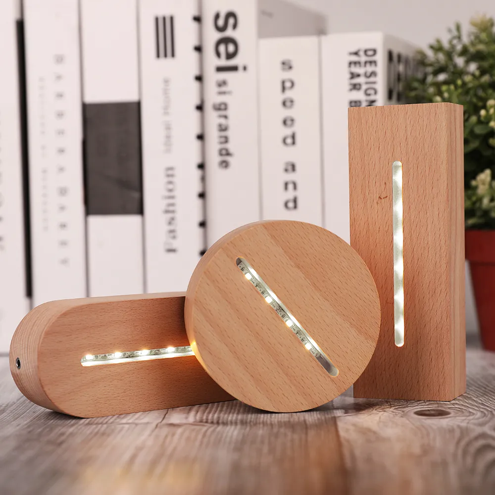 Vit Ljus 3d Trä Lampa Base LED Square Round USB Night Lights Baser för Acrylic Replacement Beech Bordshållare Miljövänlig