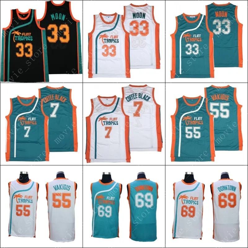 Erkek # 33 Jackie Moon Basketbol Forması # 55 Vakidis ve # 69 Vture Downtown # 7 Kahve Siyah Flint Tropics Yarı Pro Film Dikişli