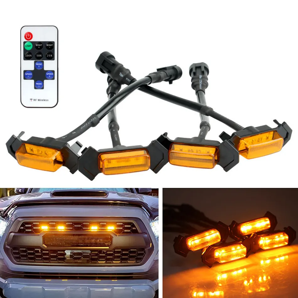 12V Car LED Front Grill Fog Lights White Amber Flash Strobe Light For 2016-2020 Toyota Tacoma w/TRD Pro ONLY Grille Lighting DRL 4pcs