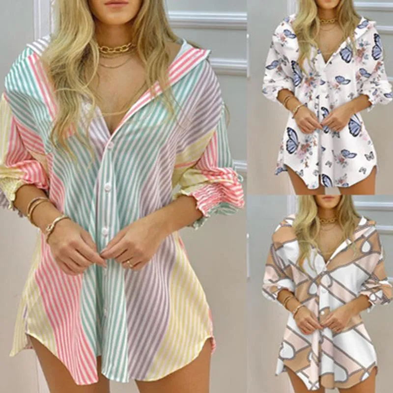 Robes décontractées 2021 les femmes couleur rayé bouton devant chemisier robe vacances chemise