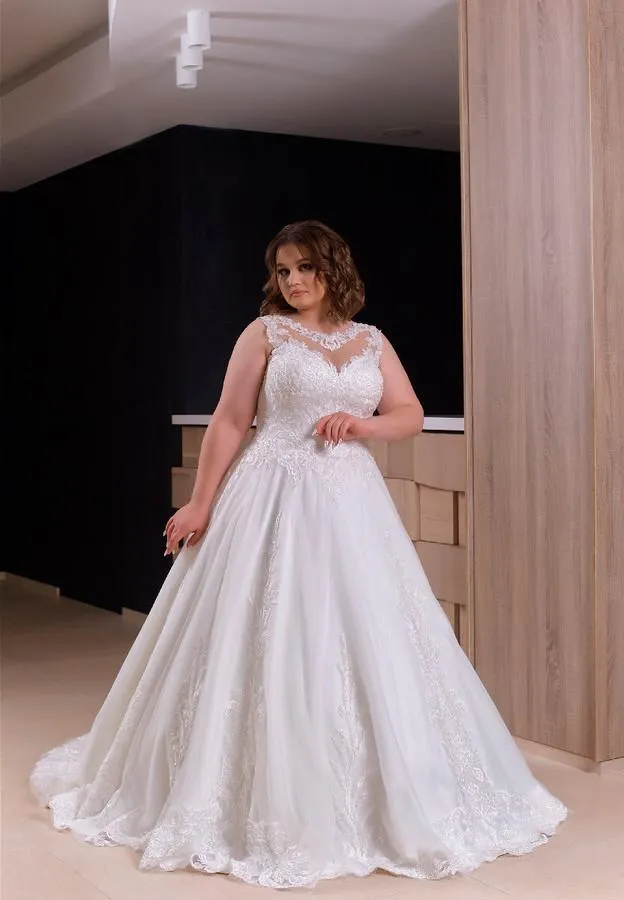 2022 Vintage Plus Size A Linha Vestido de Noiva Jóia Pescoço Lace Appliqued Marfim Tule Vestidos Noiva Longo Vestidos De Casamento Sem Mangas Verão Vestes de Mariée