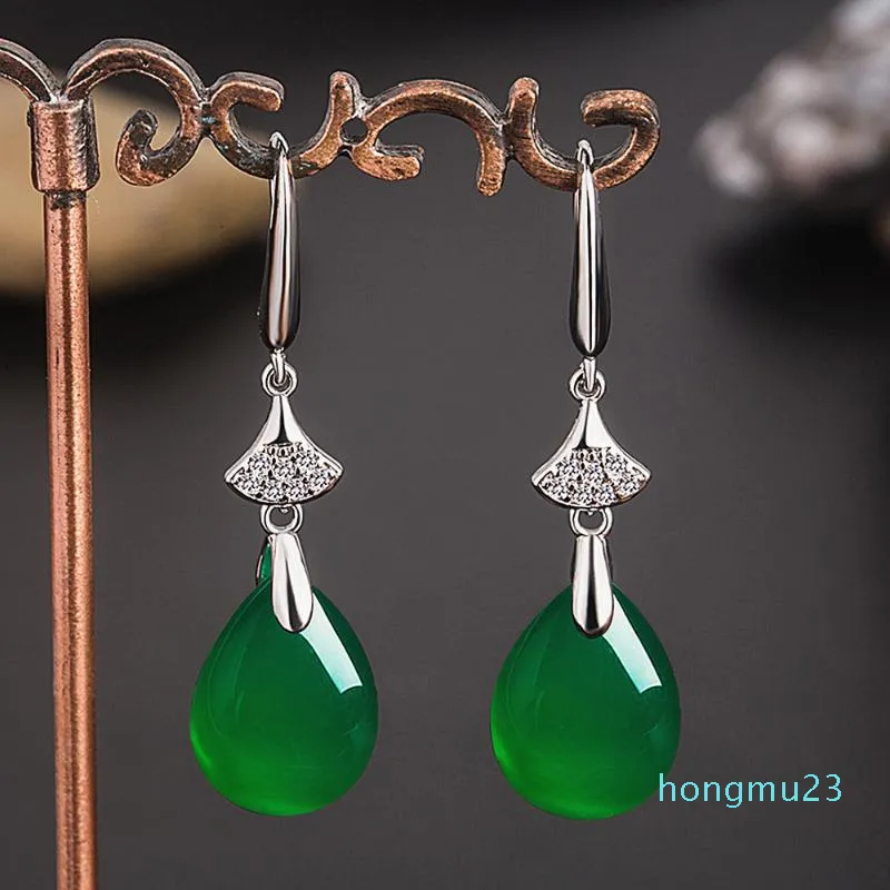Vintage Green Jade Emerald Gemstones Gemmes Zircone Diamonds Goccia Orecchini per le donne Oro bianco Argento Gioielli di colore Bijoux BRINCOS