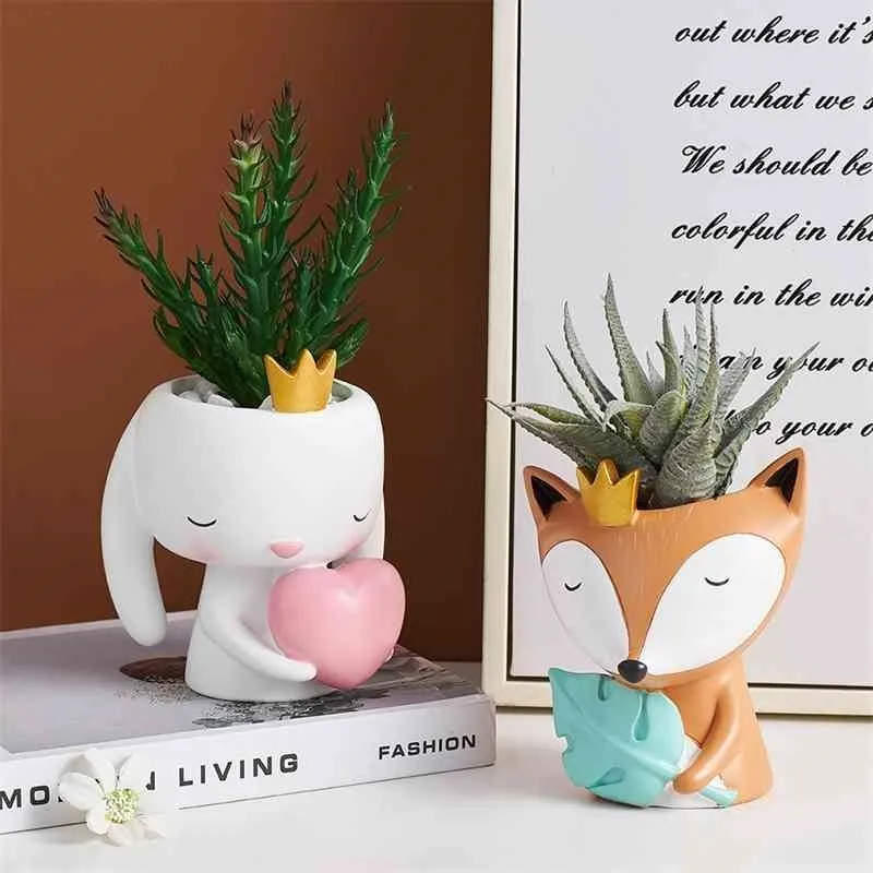 2021 Nordic Ceramic Animal Flower Pot Cartoon Fox Bear Bunny Head Mini Pot Succulents Plants Bonsai Pots Desktop Home Decoration 210401