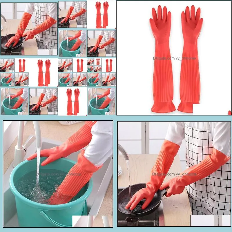 Extended kitchen dishwashing gloves durable rubber household wear resistant thickened waterproof household cleaning clothes Plush