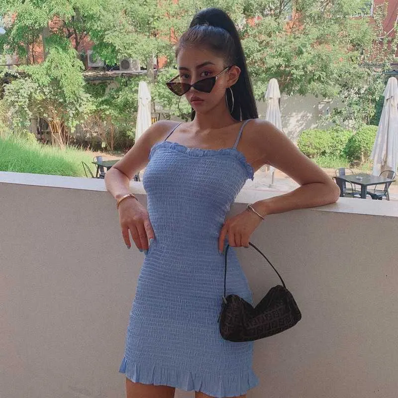 Blue Light Pleated Strapless Summer Dress With Ruffled Tight