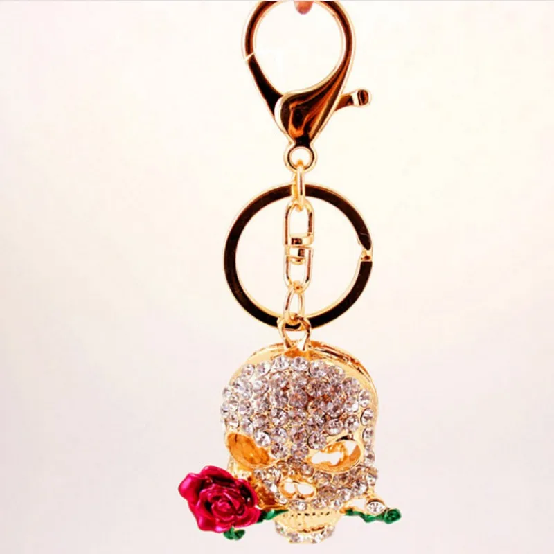 Lovely Rhinestone Crystal rose flowers skull Keychain Keyring Pendant flowers skull Key Chain Ring Holder Alloy Keychains Gift