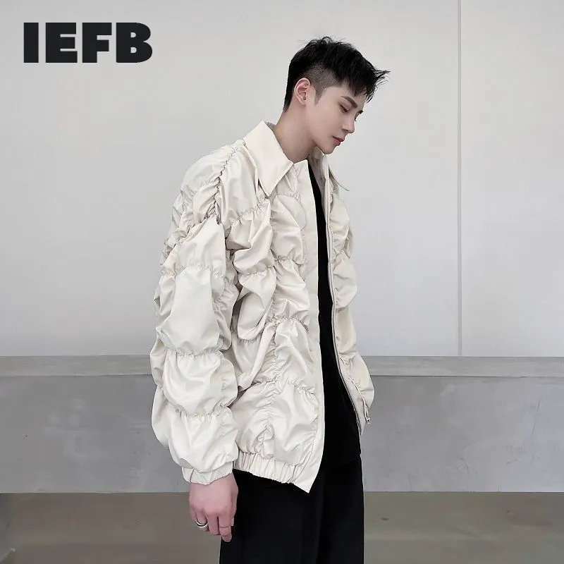 IEFB Elastik Fold Tasarım Trend Ceketler Erkekler Için Bahar Kişilik Niş Rahat Fermuar Ceket Uzun Kollu Boy Giysileri 210524