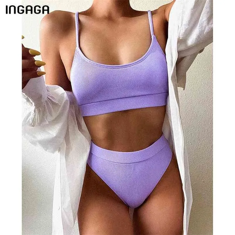 Ingaga High Waist Bikinis Swimsuit Push Up Swimwear Ribbed Strap Banhing Suit Biquini Brasil Bikini Beachwear 210621