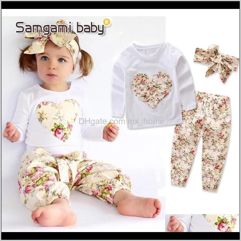 newborn girls floral outfits flower heart applique embroider tops pants headband baby kids clothing sets spring autumn 6m-3t