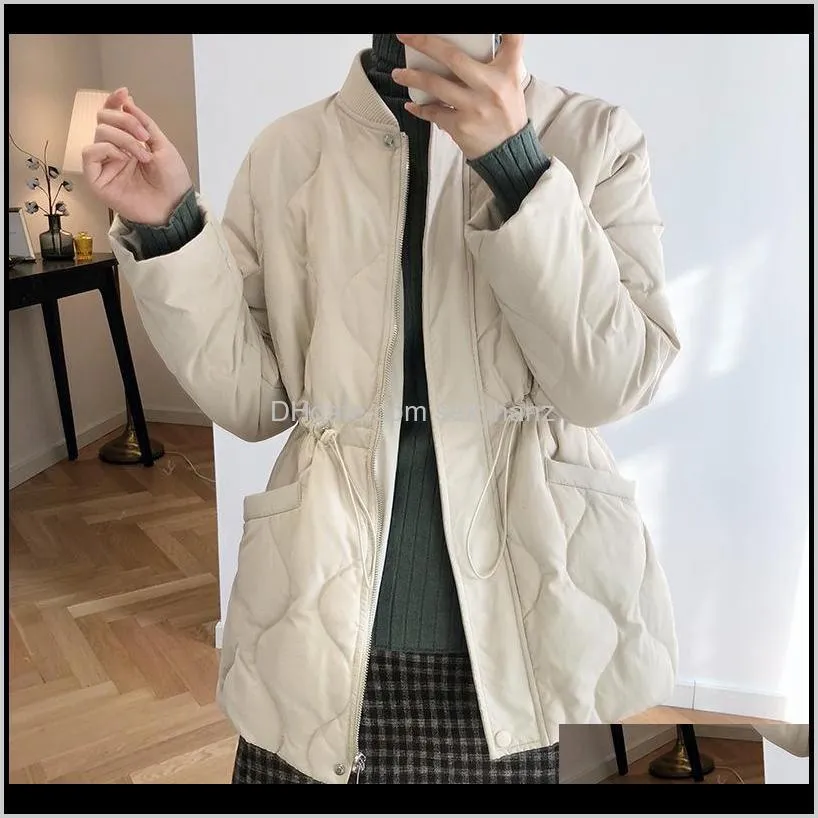 standing collar drawstring white duck down jacket women`s waist long loose baseball uniform winter coat y6