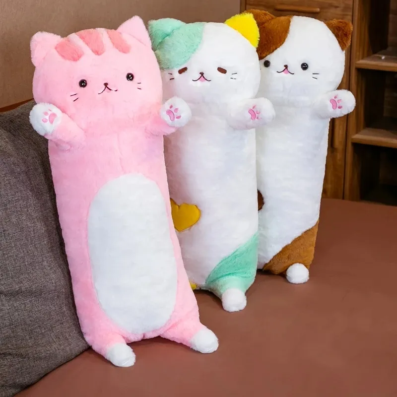 80cm kawaii 3 cores gato travesseiro de pelúcia brinquedos recheado pausa de pausa canto descanso cama almofada de sono casa decoração de casa boneca para crianças menina la322