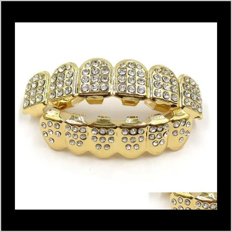 Grillz, Body Drop Delivery 2021 Dental Hip Hop Iced Out Cz Diamonds Top Sier Hiphop Jewelry Gold Teeth Rhinestone Top&Bottom Grills Set Shiny