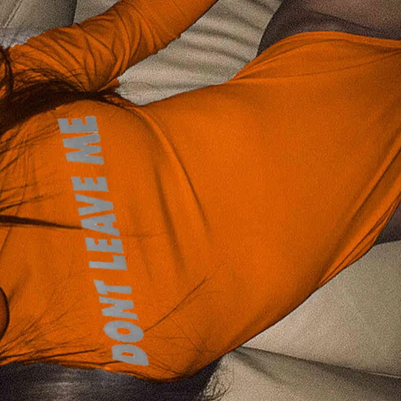 Reflective Letter Print High Cut Bodysuit Women Sexy Autumn Turtleneck Long Sleeve Orange Elegant Woman Body Party Top Slim 210415