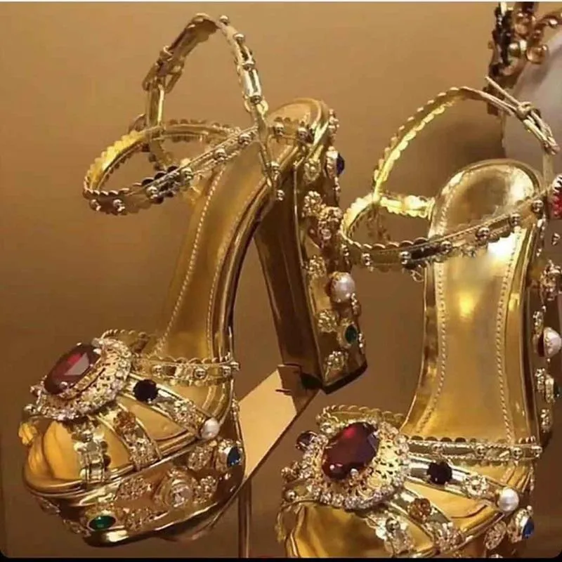 Sandals Luxury Gold Metallic Leather Chunky Heel Muti Jewel Square Heels Shoes High Platform Rhinestone Summer