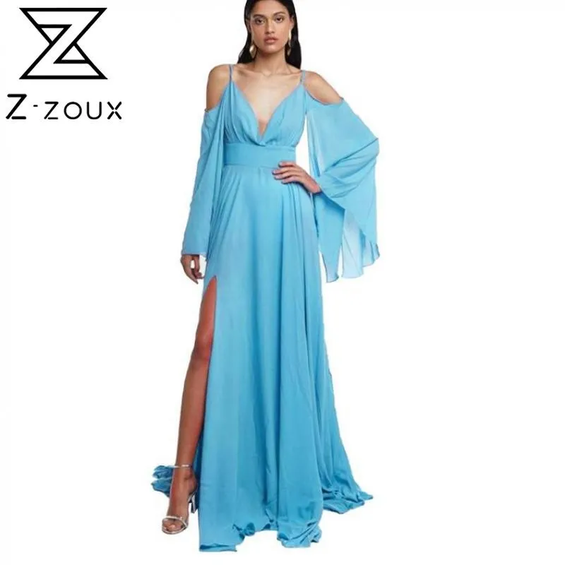 Women Dress V-Neck Flare Sleeve Split Vintage Sexy Dresses Hollow Out Plus Size Blue Long Summer Clothes 210524