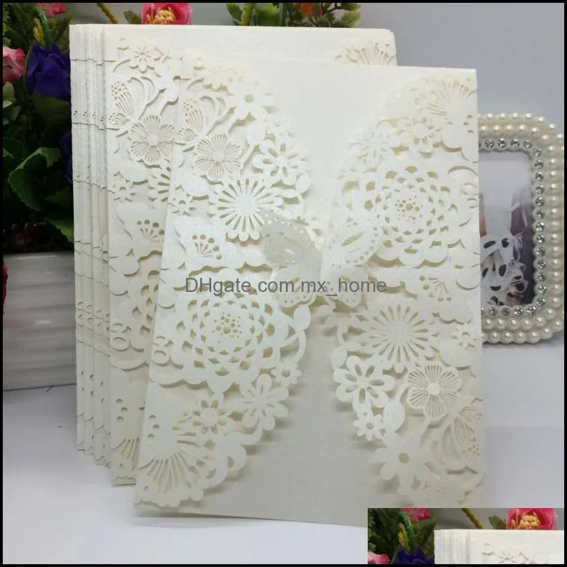 Greeting Cards 40pcs/pack Shiny Pearl Paper Wedding Invitation Card Flower Laser Cut Carved 3D Butterfly Invitations For Birthday