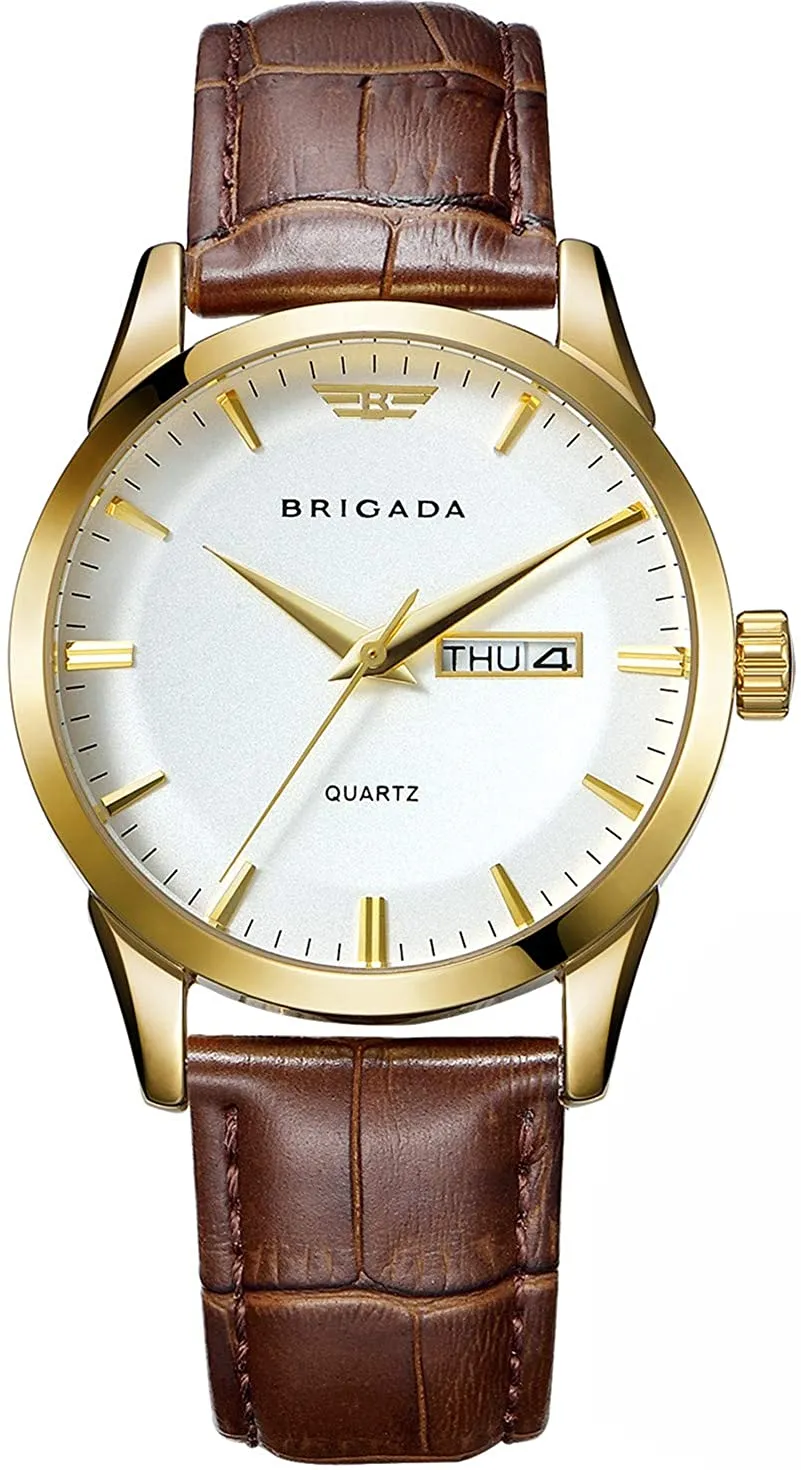 BRIGADA Relojes para hombre Reloj de vestir dorado clásico de marca suiza para hombres con calendario de fecha, cuarzo informal de negocios a prueba de agua