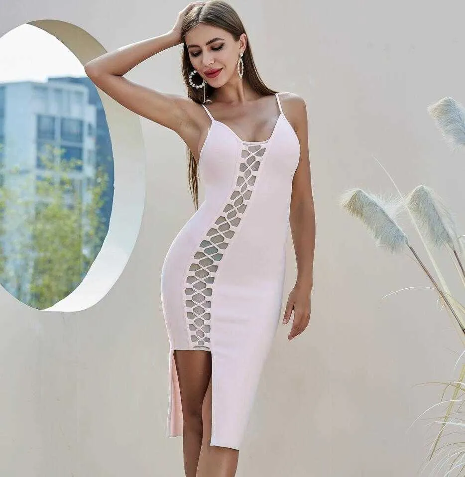 Женщины сексуальный дизайнер V шеи полые повязки платье вечернее знаменитость колена длина шикарная вечеринка Vestido 210527