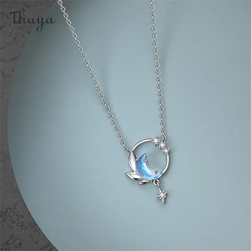 Thaya Design 45cm Luna Noche Collar Colgante Cristal Zircon Silver Light Blue para Mujeres Elegante Regalo de joyería fina 220222