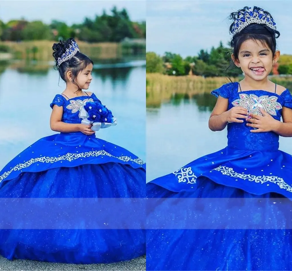 2022 Embroidered Ball Gown Quinceanera Dresses Toddler Beaded Crystal Off Shoulder Puffy Pageant Party Flower Girl Dress