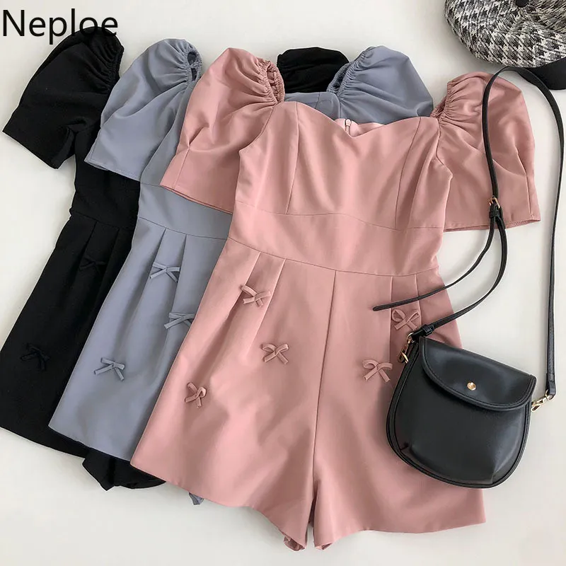 Neploe Women Jumpsuits Vintage Square Neck High Waist Wide-leg Playsuit Summer Korean Sweet Casual Short Sleeve Bow Ropa Mujer 210422