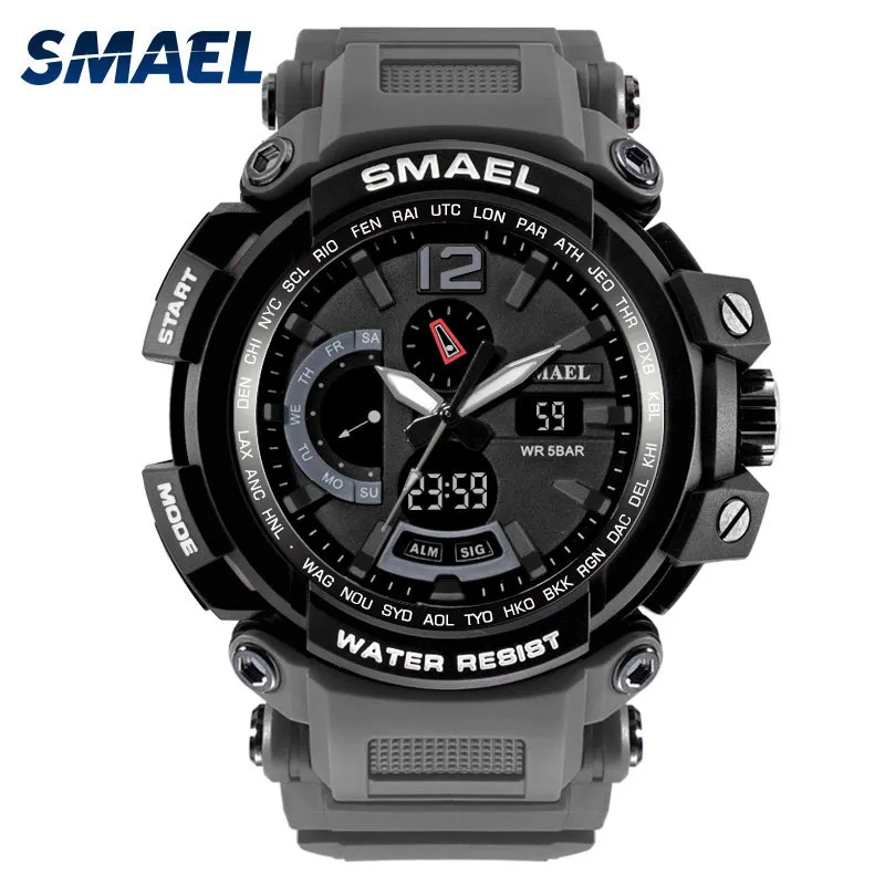 Smael Marka Zegarek LED Wodoodporny 50m Sport Wrist Watches Stopwatch 1702 Gray Wojskowy zegarek Digital Led Zegar Watch dla mężczyzn X0524