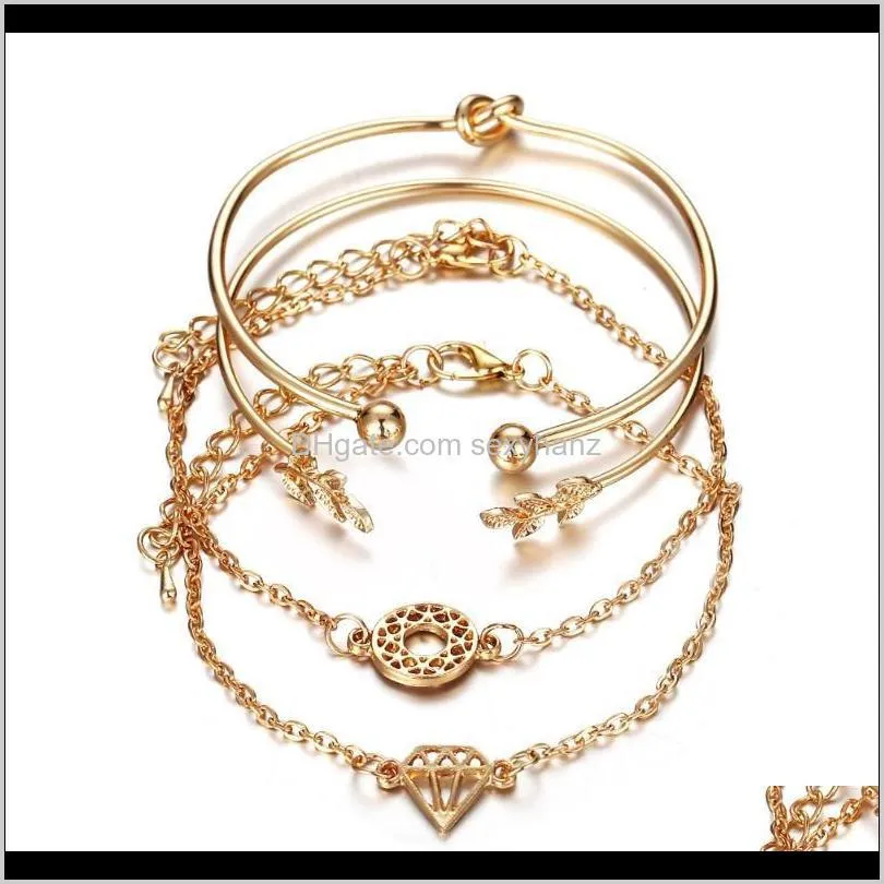 4pcs/set fashion bohemia leaf knot hand cuff link chain charm bracelet bangle for women gold bracelets femme jewelry