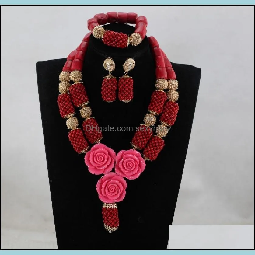 Earrings & Necklace Gorgeous Red Coral African Beads Jewelry Set Flower Bib Statement For Brides Nigerian Women Jewellery CNR914