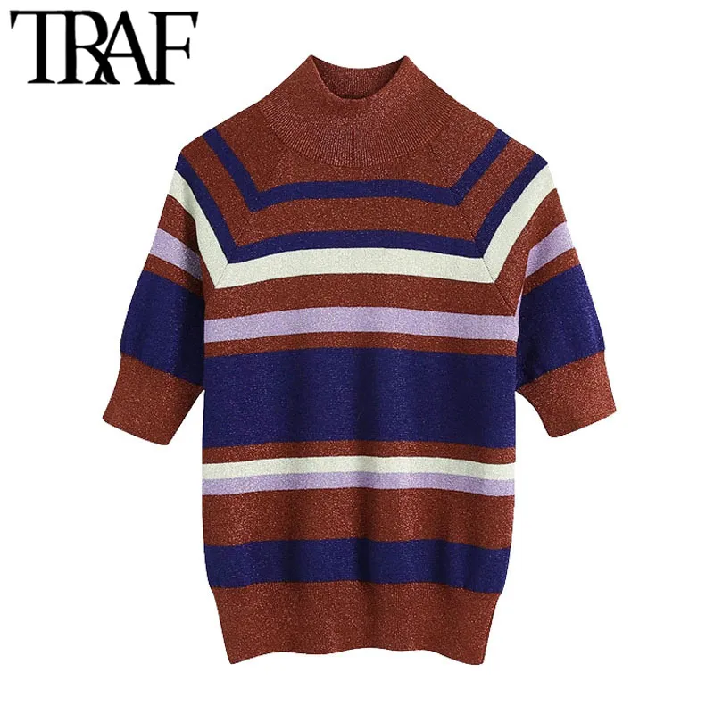 TRAF Moda Moda Fashion Metálico Listrado Sweater Sweater Vintage Pescoço Alto Manga Curta Fêmea Pullovers Chique Tops 210415