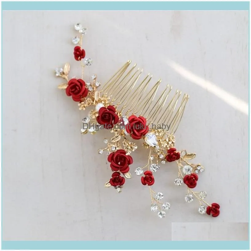 Jonnafe Red Rose Floral Headpiece For Women Prom Rhinestone Bridal Comb Accessories Handmade Wedding Hair Jewelry