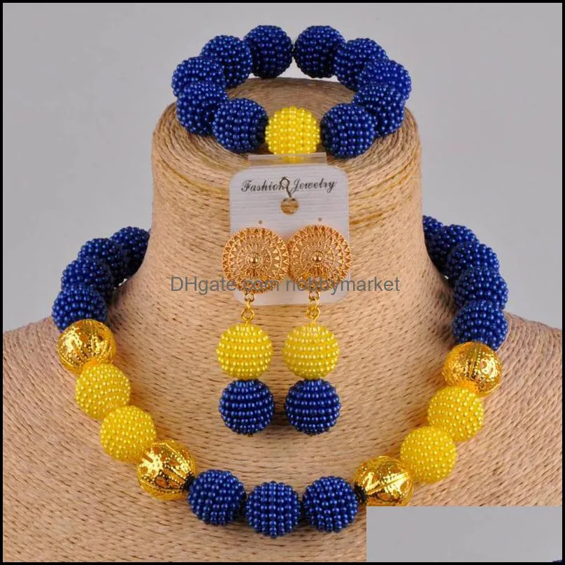 Earrings & Necklace Royal Blue And White African Beads Jewelry Set Simulated Pearl Costume Nigerian Wedding ZZ10