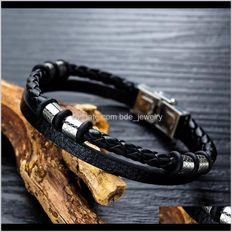 mens fashion punk titanium steel ring braided leather magnetic buckle bracelet mens casual sports bracelet gifts