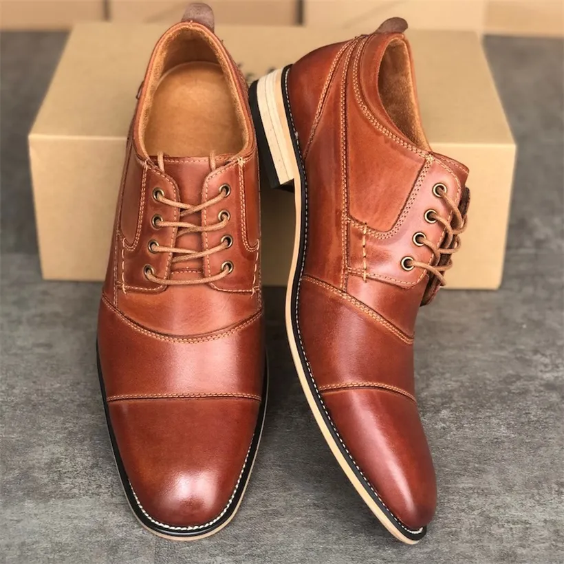 Men's Brand Cap Toe Oxford Dress Designer Shoes Genuine Leather Lace up Business Shoe Top Quality Party Wedding Trainers Big Size 010