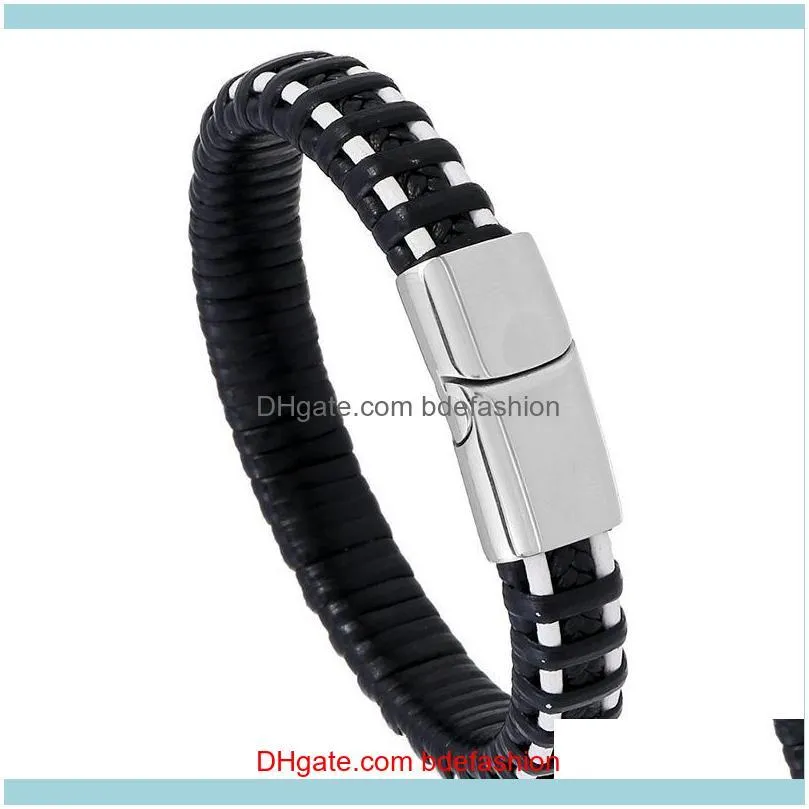 Charm Bracelets Punk Style Braided Leather Bracelet, Magnetic Stainless Steel Black/silver Color