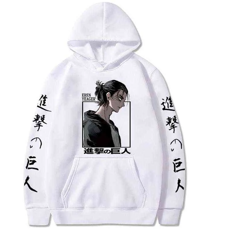 Attack on Titan Eren Yeager Animetryckt luvtröja Långärmad Lös Hip Hop Unisex-tröja Herr Streetwear Oversized Hoody Toppar Y1120