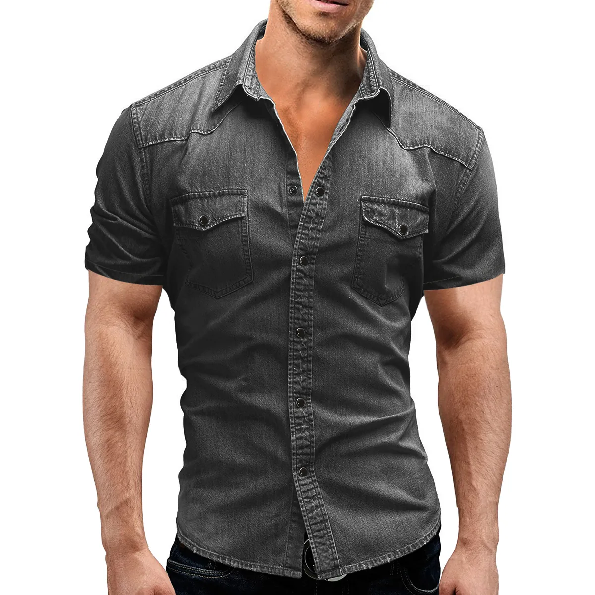 Homens primavera verão denim camisa fina manga curta algodão macio dois bolsos fino leve elástico jeans cowboy roupas218k