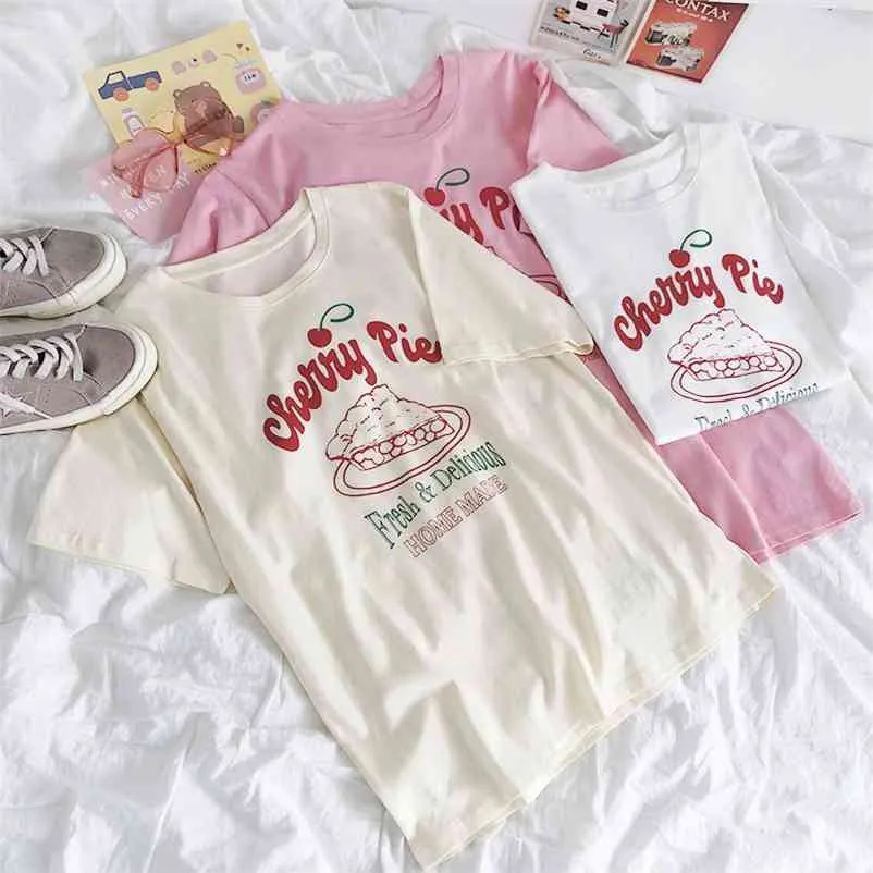 Cherry Cake Pink Girly Funny Letter Print Round Neck Lossa Bekväm All-Match Kortärmad T-shirt 210722