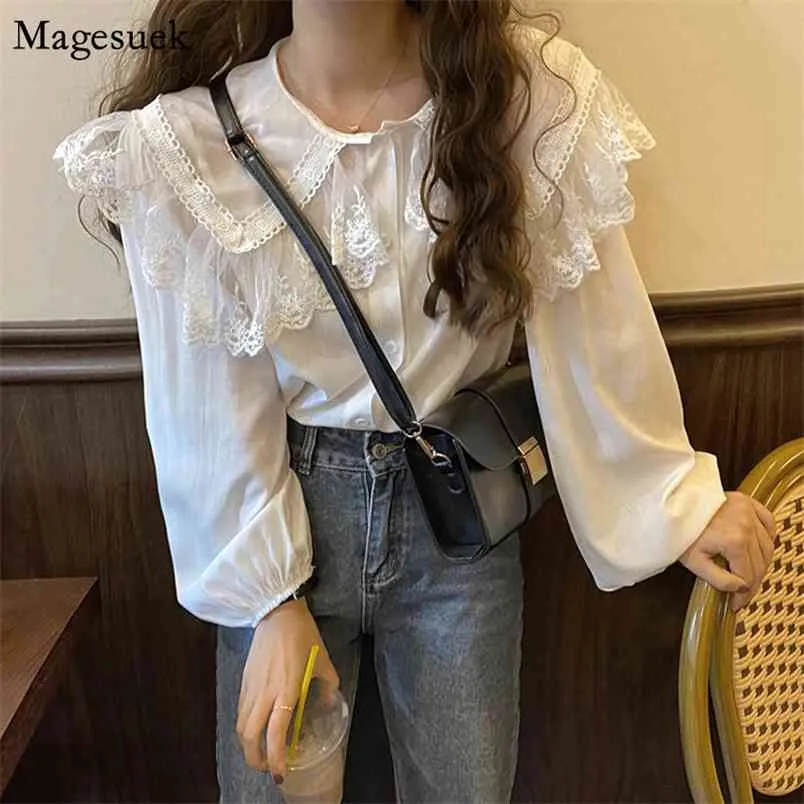 Single-breasted vintage witte blouse vrouwen casual kant bladerdeeg shirt tops zoete kantoor dame vrouwelijke shirts 11767 210512