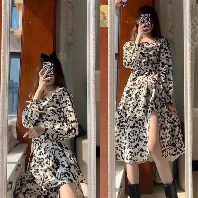 French slit chic dress female retro cow pattern floral square collar midi skirt summer Korean fashion women's clothing 210520