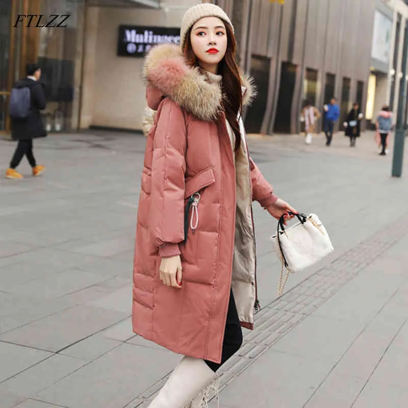 Grande piumino di pelliccia di procione naturale inverno donna anatra lungo parka femminile sottile tasche con cappuccio spesso cappotto di neve calda 210423