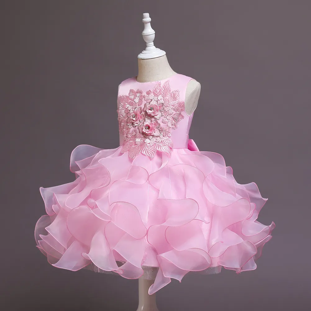 Roze Applique Girl's Pageant Jurken Hoge Kraag Prinses Jurk Kant Knielengte Bloem Meisjesjurken