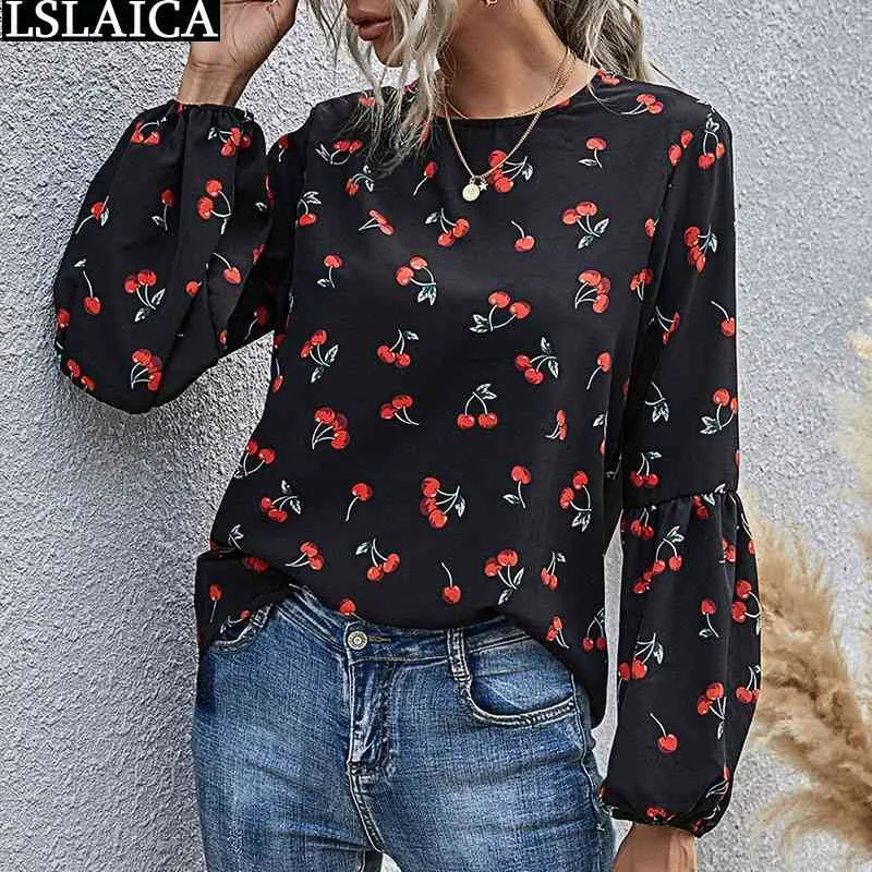 Tops pour femmes Mode Cherry Print Manches longues O Cou Blouses douces Casual Automne Vêtements Office Lady Chemises 210520