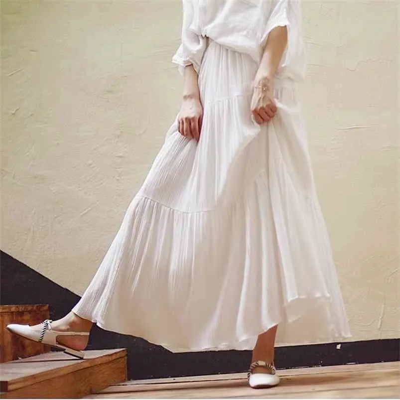 Sommar kvinnor vit lång kjol hög midja stretch bomull och linne kjolar Saia kvinnor A-line kjol faldas Jupe Femme 210730