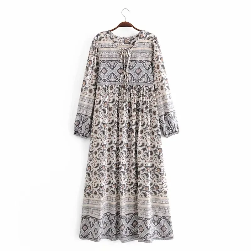 Women Chic Lace-Up Bohemian Midi Dress Beach Long Sleeve Rayon Tassel Floral Printed Empire Waist Boho Femme Vestidos 210521