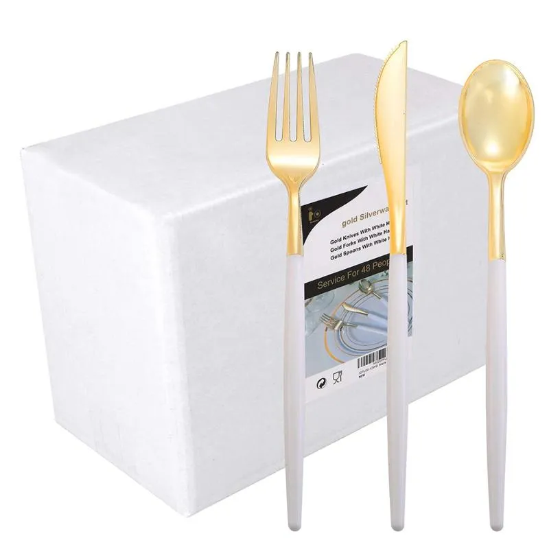 Dinina -de -jantar descartável 30 peças de utensílios de mesa de talheres dourados de prata de talheres de plástico branco conjunto de talheres de festas de casamento