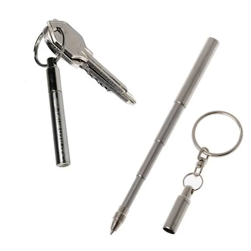 Bärbar Rostfritt Stål Teleskopisk BallPen Pen Metal Key Ring Keychain Tools G1019