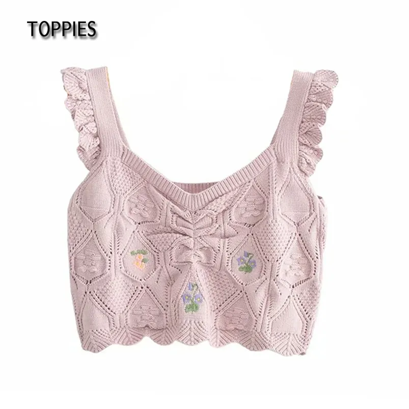 Sommar broderade stickade camisole toppar söt beskuren kvinna ruffles ärmlös väst 210421