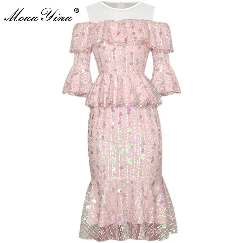 Designer Summer Party Roze Tiered Mesh Jurk Damesmode Flare Mouw Sequins Borduurwerk Sexy Off Shoulder Mermaid 210524