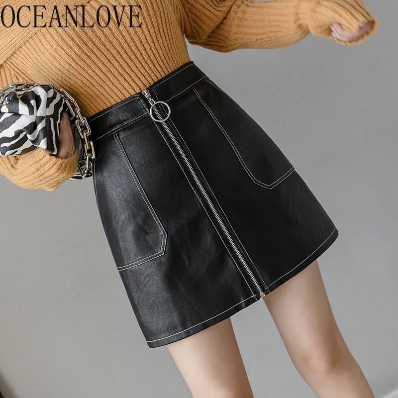 Zipper PU womne saias outono inverno alta cintura preta mini saia a linha coreana moda mujer faldas sólido 18174 210415