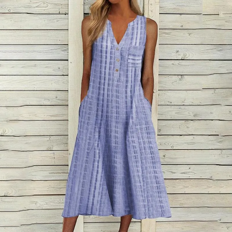 Casual Dresses Female Midi Loose Dress Striped V Neck Large Hem Temperament Sleeveless Pockets Buttons Woman Summer 2021